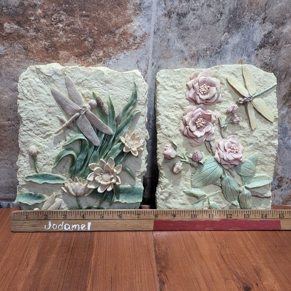 Botanical Clay Flower Dragonfly Art Wall Sculpture Plaster Cream Tile - Picture 10 of 14